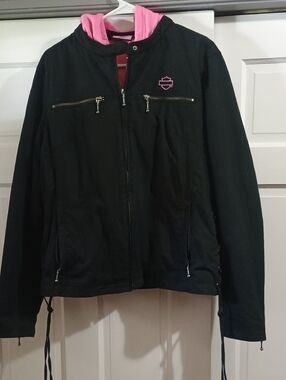 Harley‑Davidson 3 In 1 Black Jacket with Pink removable Vest With Hood. Size 2XL